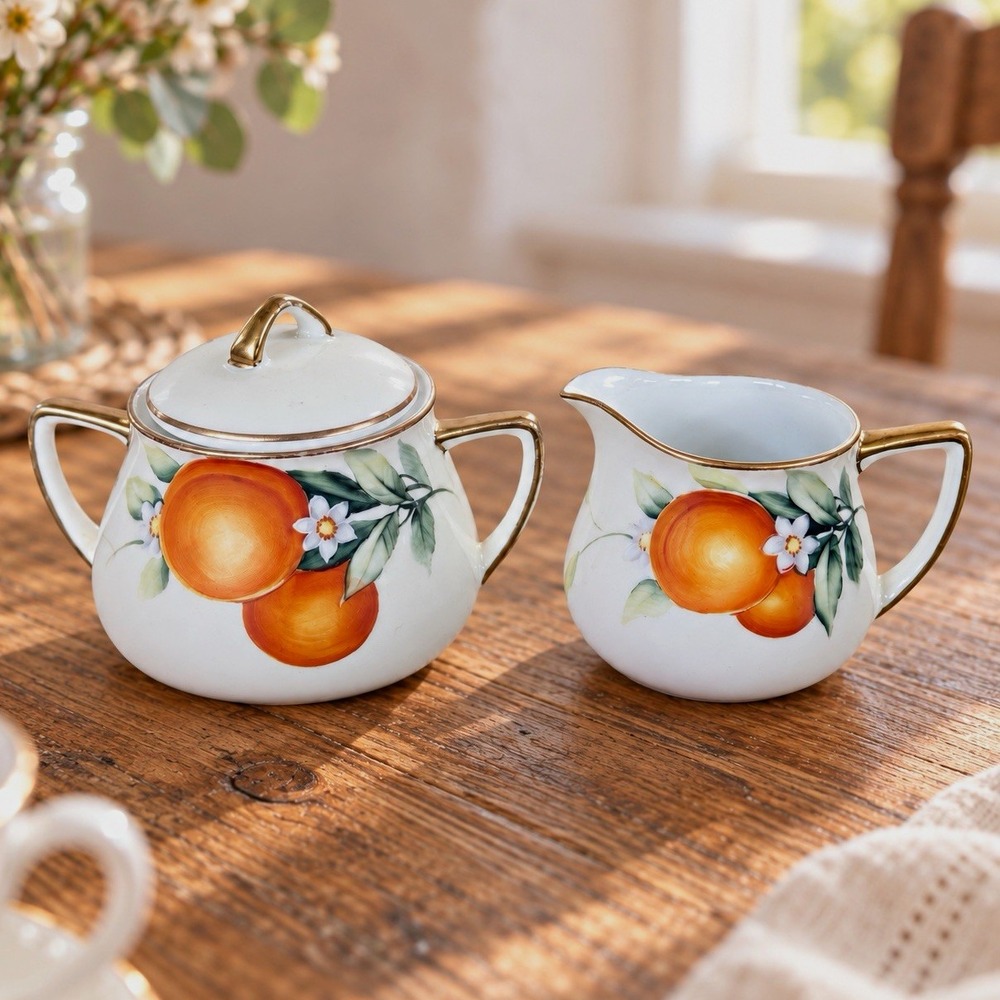 Vintage Meito China Sugar Creamer Set Jonroth Hand Painted Orange Japan Gold
